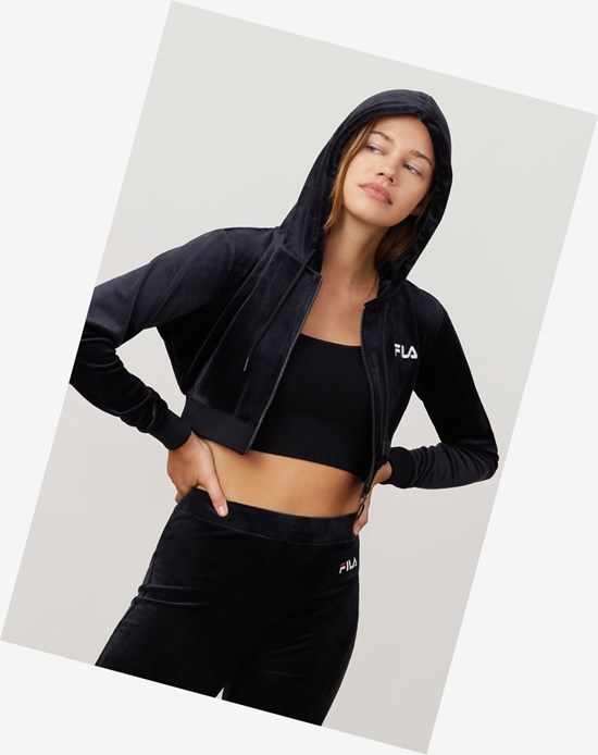 Fila Lou Cropped Velour Hoodie Blk/Wht | 205TJABWC